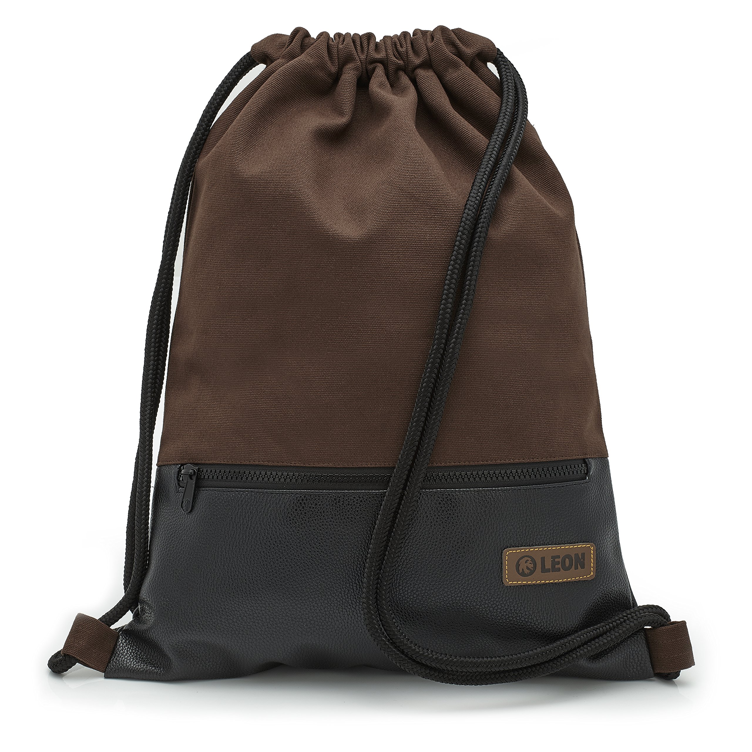 By Bers Leon Gym Bag, Large Zip Outer Pocket, Inner Pockets, Inner Pockets, Inner Pockets, Backpack Bag, Women's Men's Hipster Bag, Vegan Leather Gym Bag, Draw String, Brown_black_pu, 45x35x2cm, Gym