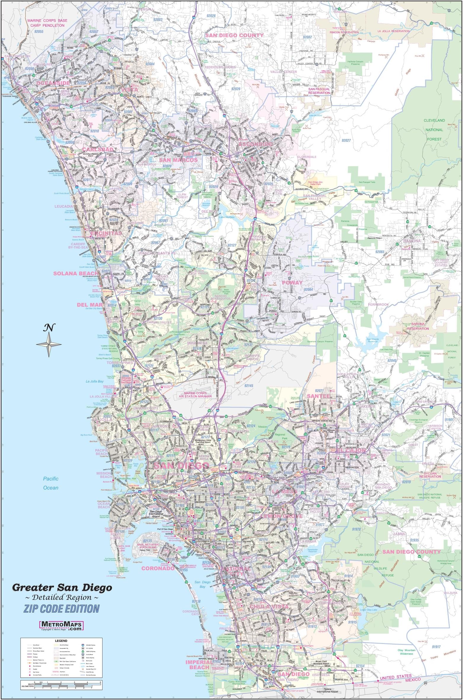 Greater San Diego CA Detailed Wall Map w/Zip Codes *Laminated* 36"x54"