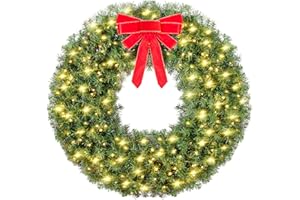Yaheetech 48in Large Artificial Christmas Wreath, Pre-lit Holiday Accent Decoration with Red Bow, 200 LED Lights & 720 PVC Tips, Metal Structure for Door Wall & Mantel