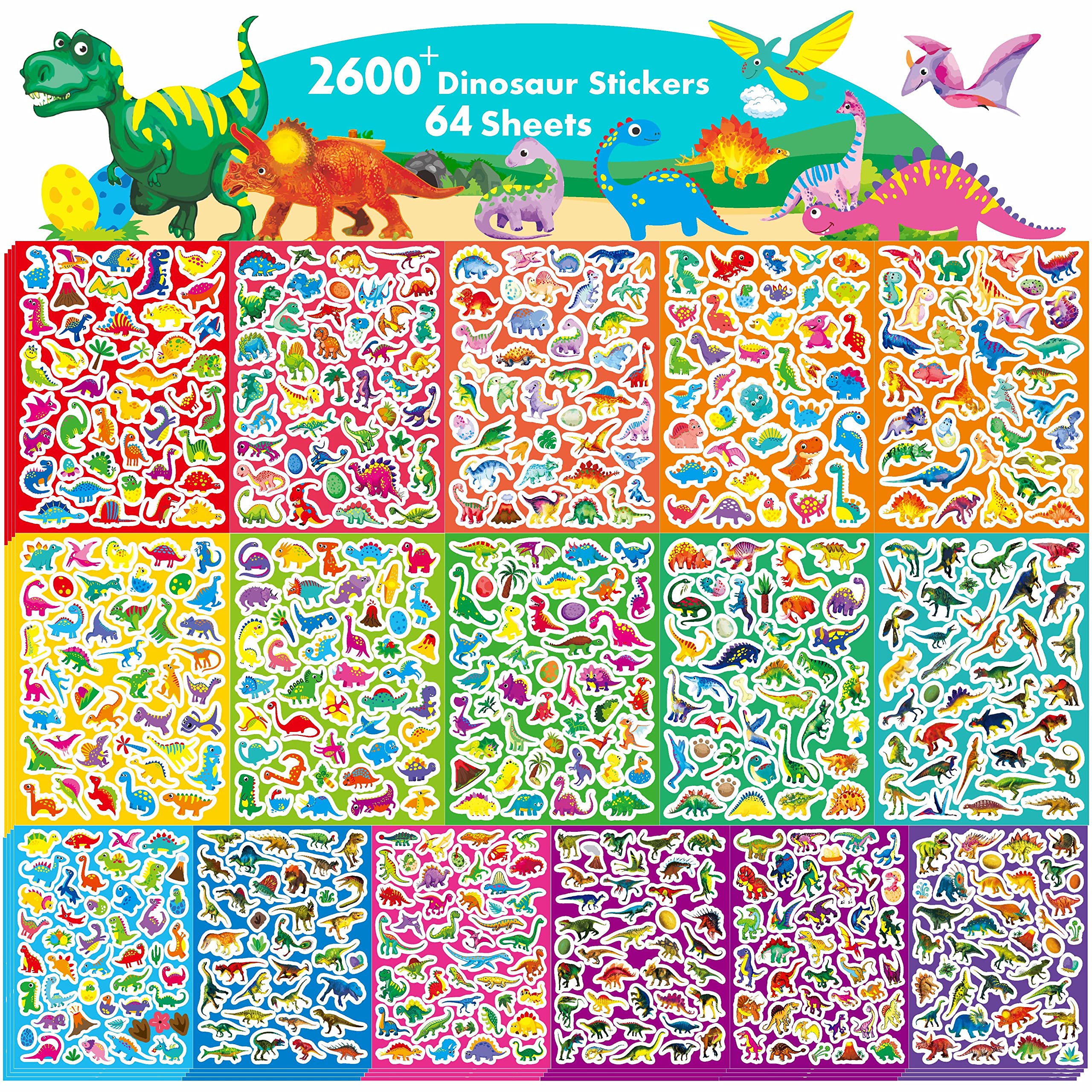 2600+ Incentive Stickers, 64 Sheets Adorable Dinosaurs, 600+ Cartoon Designs Motivational Stickers for Teacher Classroom Reward Gift Encourage Kids to Do Chores Go to the Toilet