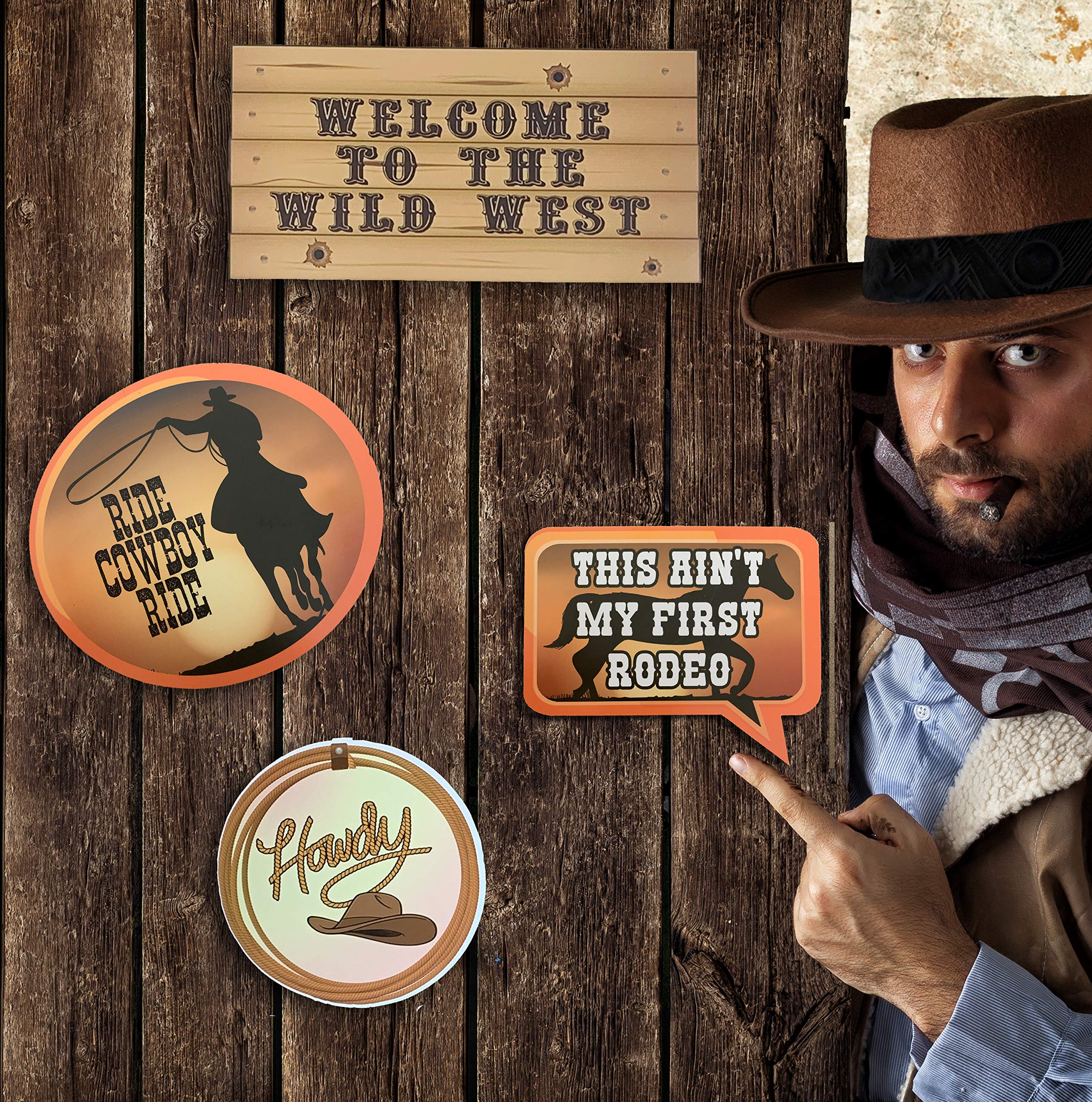 Western Photo Booth Props - Ultimate Cowgirl/Cowboy Party Decorations for Decorating Walls, Doors, Tables - 42 Large Colorful Photo Props Complete with Glue Dots and Bamboo Rods by Scapa Pro