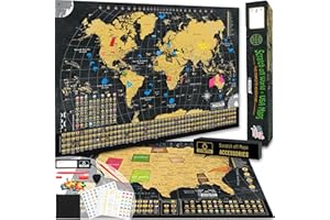 OVANTO Scratch Off World Map & US Map-Durable 17x24” United States Map & World Travel Map with Pins & Accessory Set–Easy to Scratch Off Maps with Colored Details in Name-Tagged Gift Box for Travelers