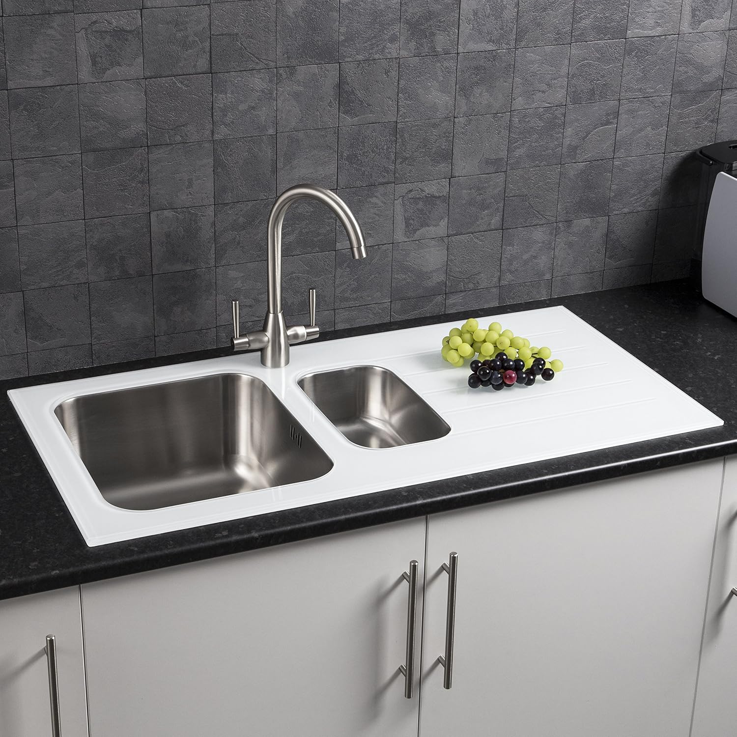 SAUBER Modern Stainless Steel 1.5 Bowl Kitchen Sink White 8mm Glass