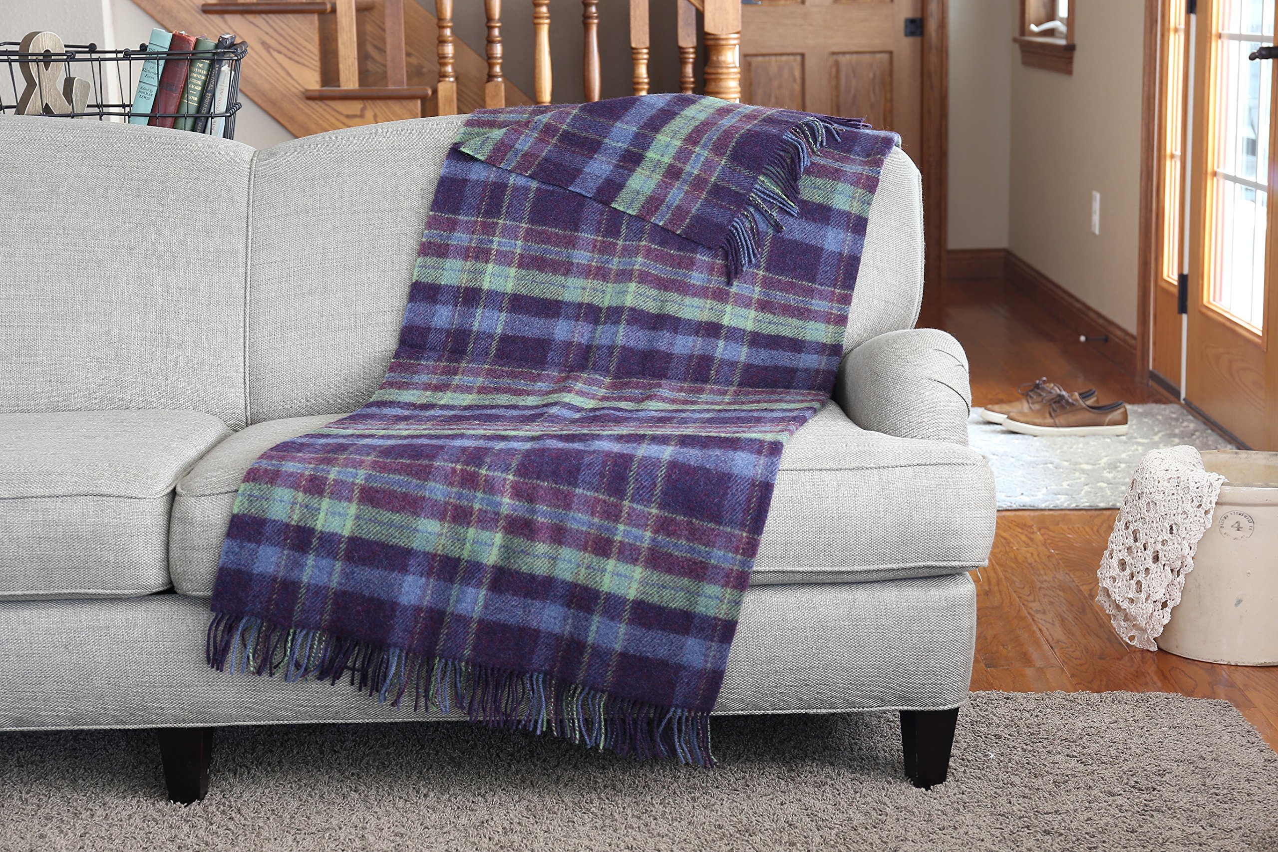 John Hanly Plaid Throw Blanket Wool 75" x 54” Purple Green Plaid Irish