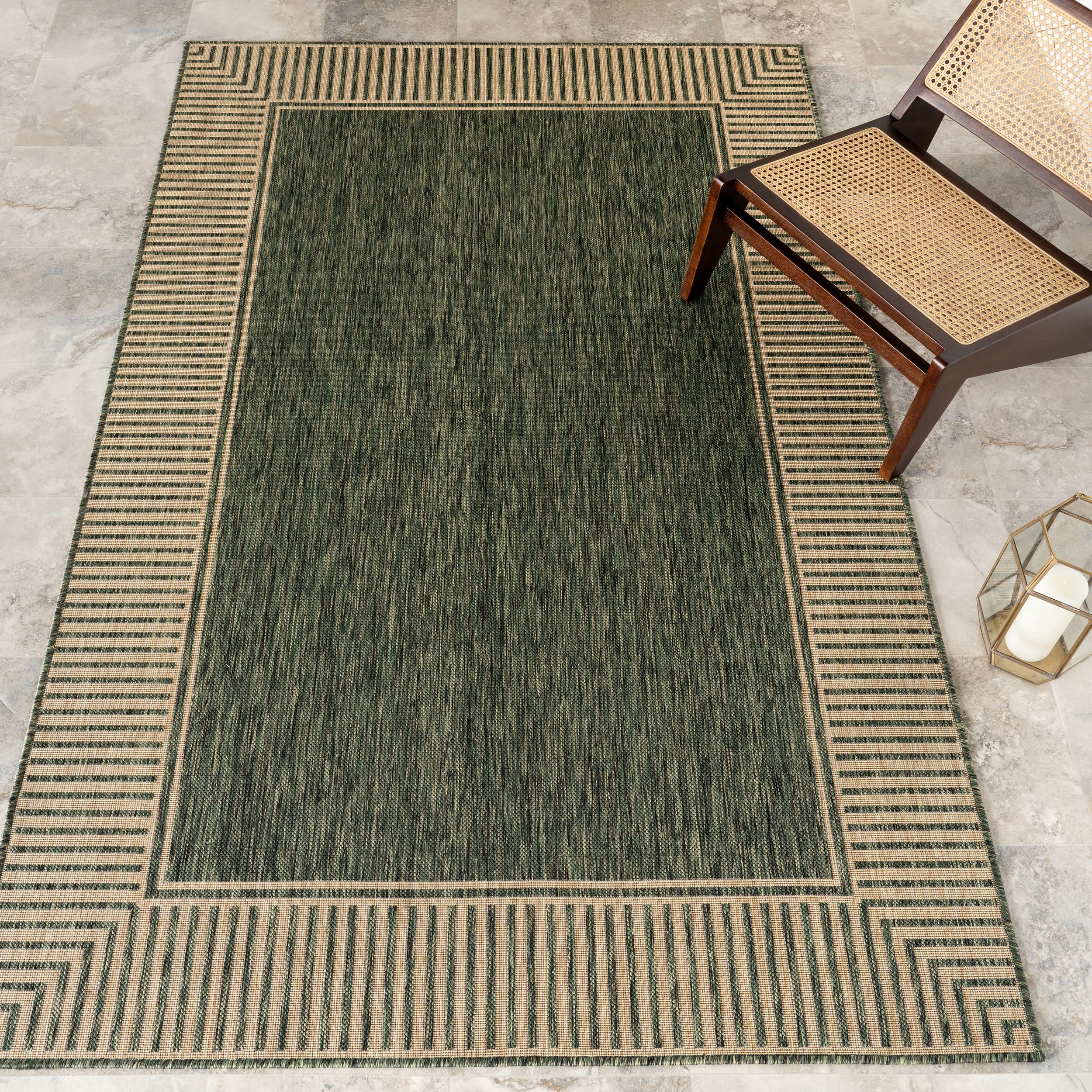 Nuloom Asha Green/Brown, 6’7″ x 9′, Casual, Striped Border, Soft and Cozy, High Traffic, Stain Resistant, Easy Clean, Durable Area Rug for Indoor/Outdoor Patio, Deck, Porch, Garden, Courtyard