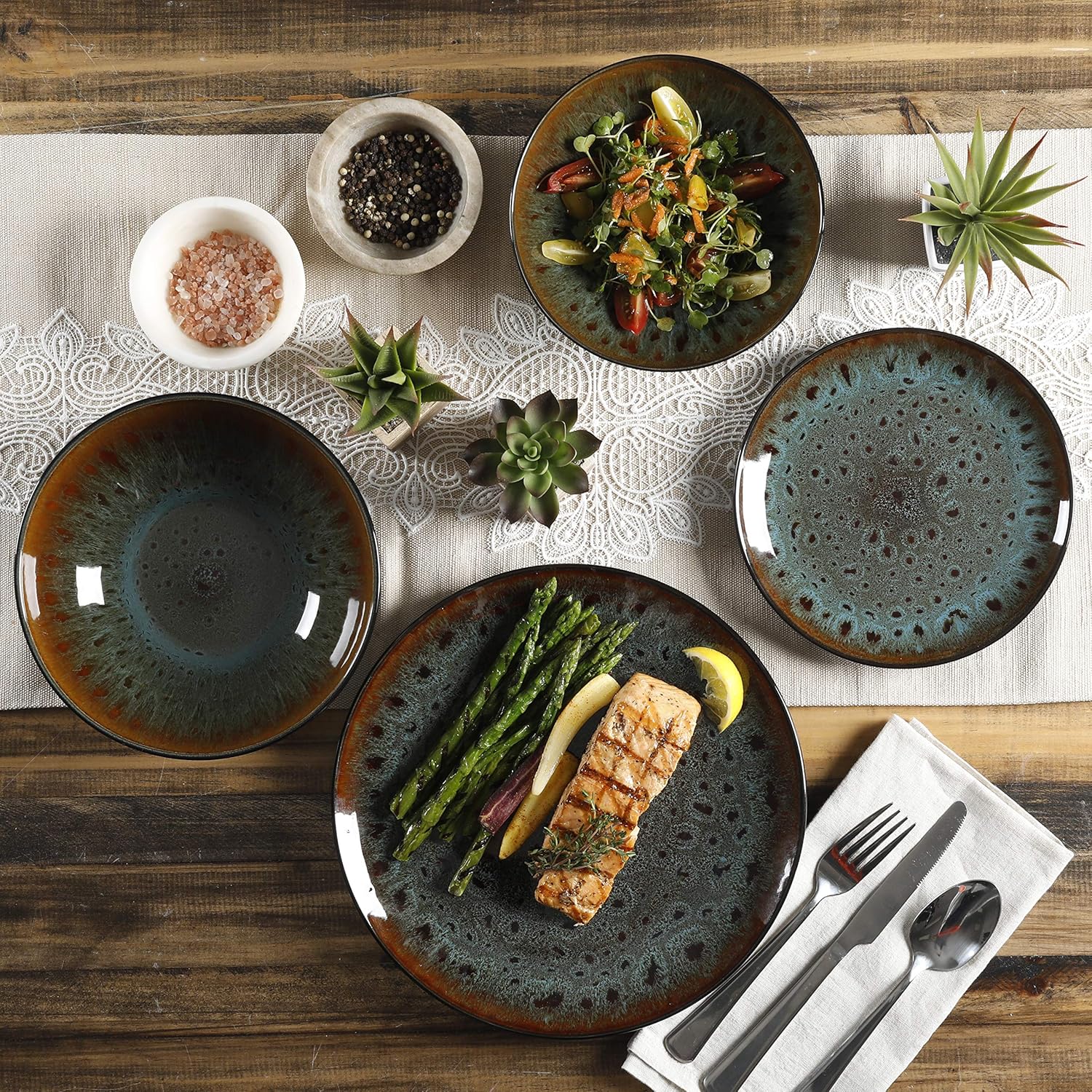 Gibson Elite Kyoto Double Bowl Dinnerware Set, Service for 4 (16pcs), Teal: Kitchen & Dining