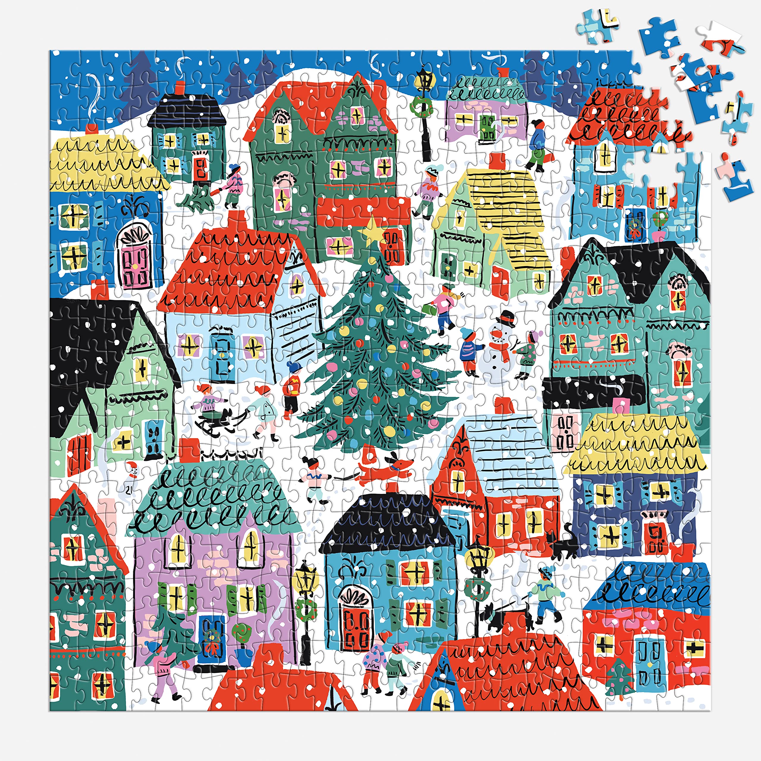 Galison Christmas in The Village – 500 Piece Unique House Shaped Puzzle with Bright and Bold Artwork of Merry Christmas Village Scenery for Adults and Families