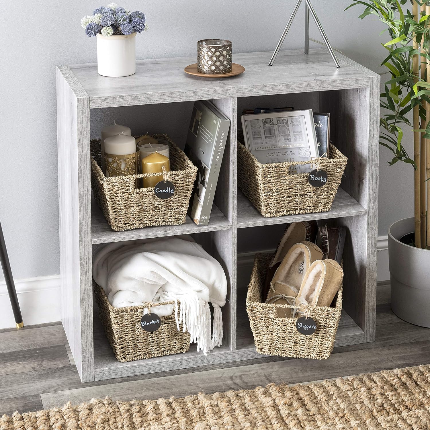 Set of 4 Woven Wicker Seagrass Multipurpose Storage Baskets with Chalkboard Tags.Handwoven Rectangular Laundry Organizer Totes for Bedroom, Living Room, Bathroom, Organising & Gifts