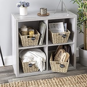 Set of 4 Woven Wicker Seagrass Multipurpose Storage Baskets with Chalkboard Tags.Handwoven Rectangular Laundry Organizer Totes for Bedroom, Living Room, Bathroom, Organising & Gifts