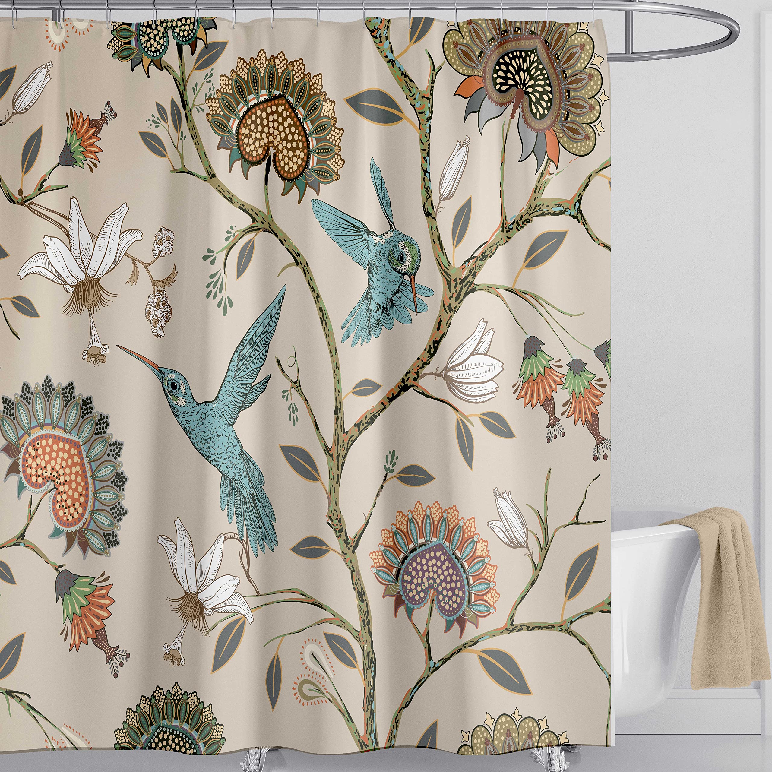 LIVETTY Off White Birds Floral Shower Curtain 180×180cm with 12 Hooks Mould Proof Floral Shower Curtain Fabric Bathroom Curtain Washable Quick-Drying — image 1