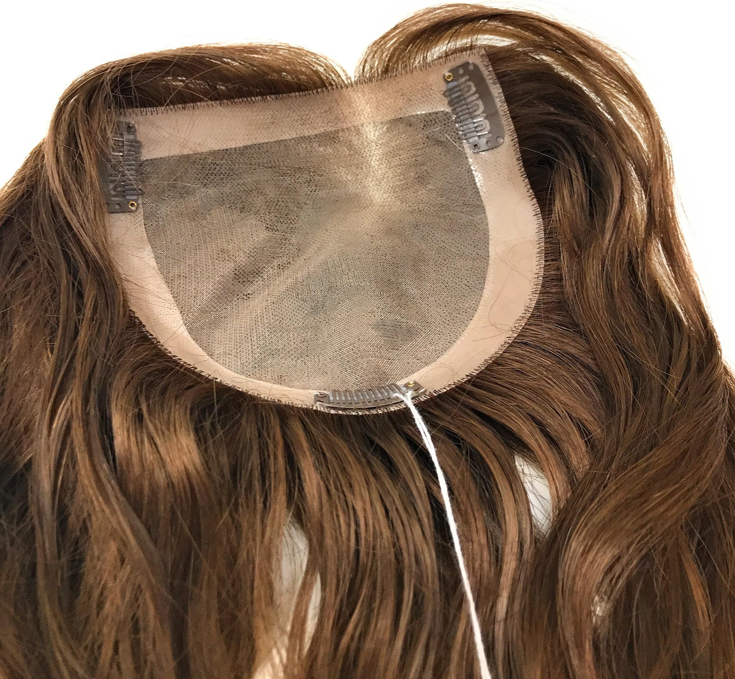 Monofilament Bondable Human Hair Women's Kippah Topper- Long-Wavy Hair Texture (18 Inch, 8 Light Brown)