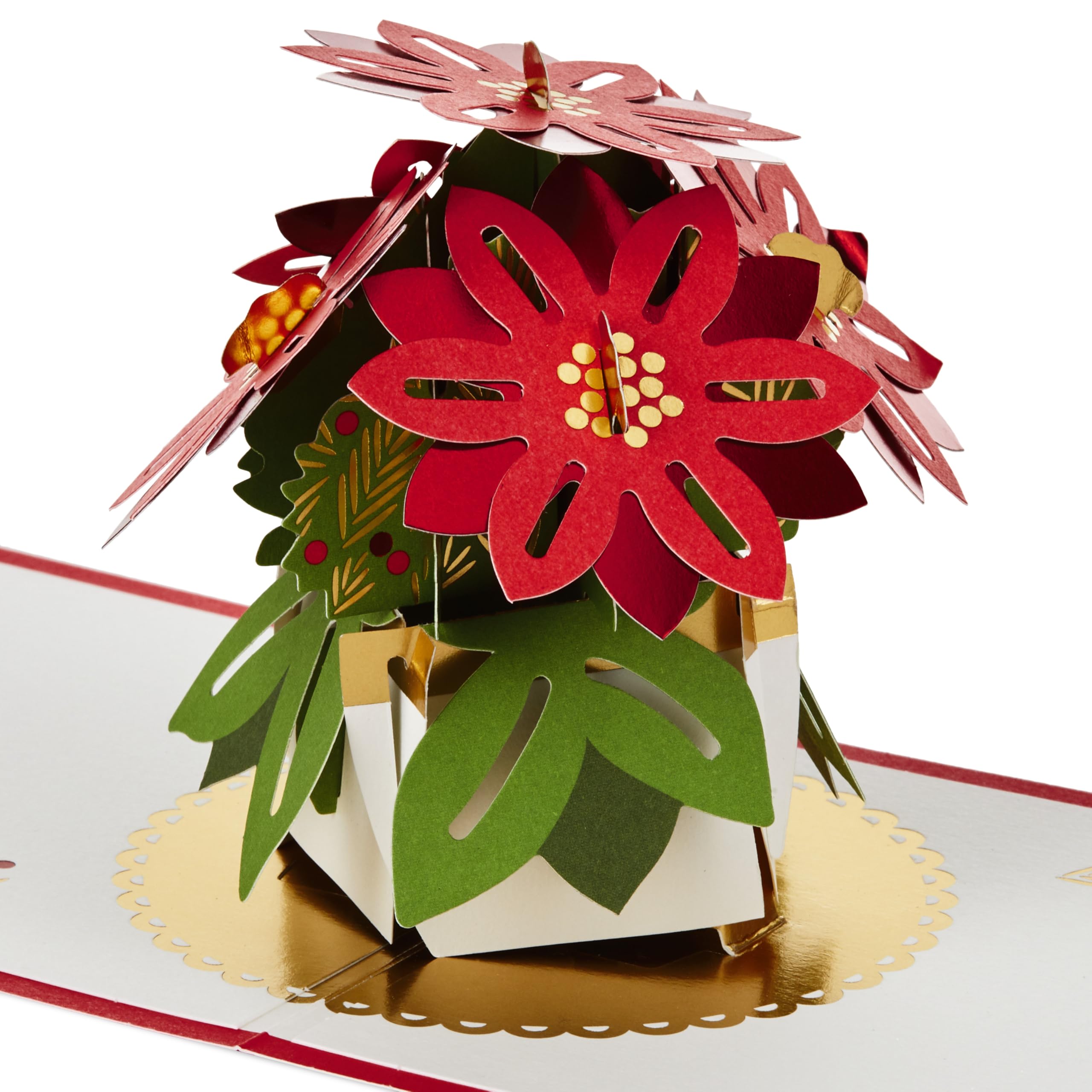 Hallmark Christmas Card, 3D and Pop Up Christmas Card, Poinsetta Flowers, Red Florals, Christmas Foliage, Red, Gold