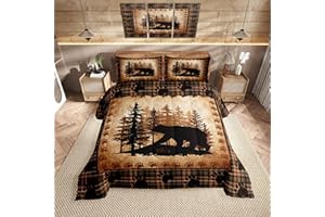 Castle Fairy Bear Print Full Size Comforter Set,Wild Animal Hunt Pine Trees Retro Bedding Comforters Bedroom Collection,Rustic Grid Plaid Cabin Decor Bedding Set for Girls Teens