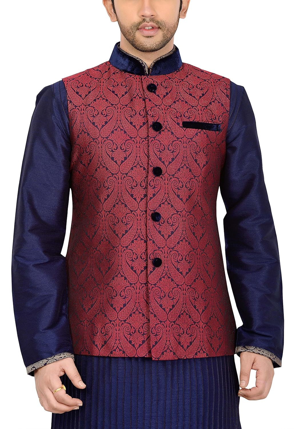 manyavar men's banded collar blended jacket