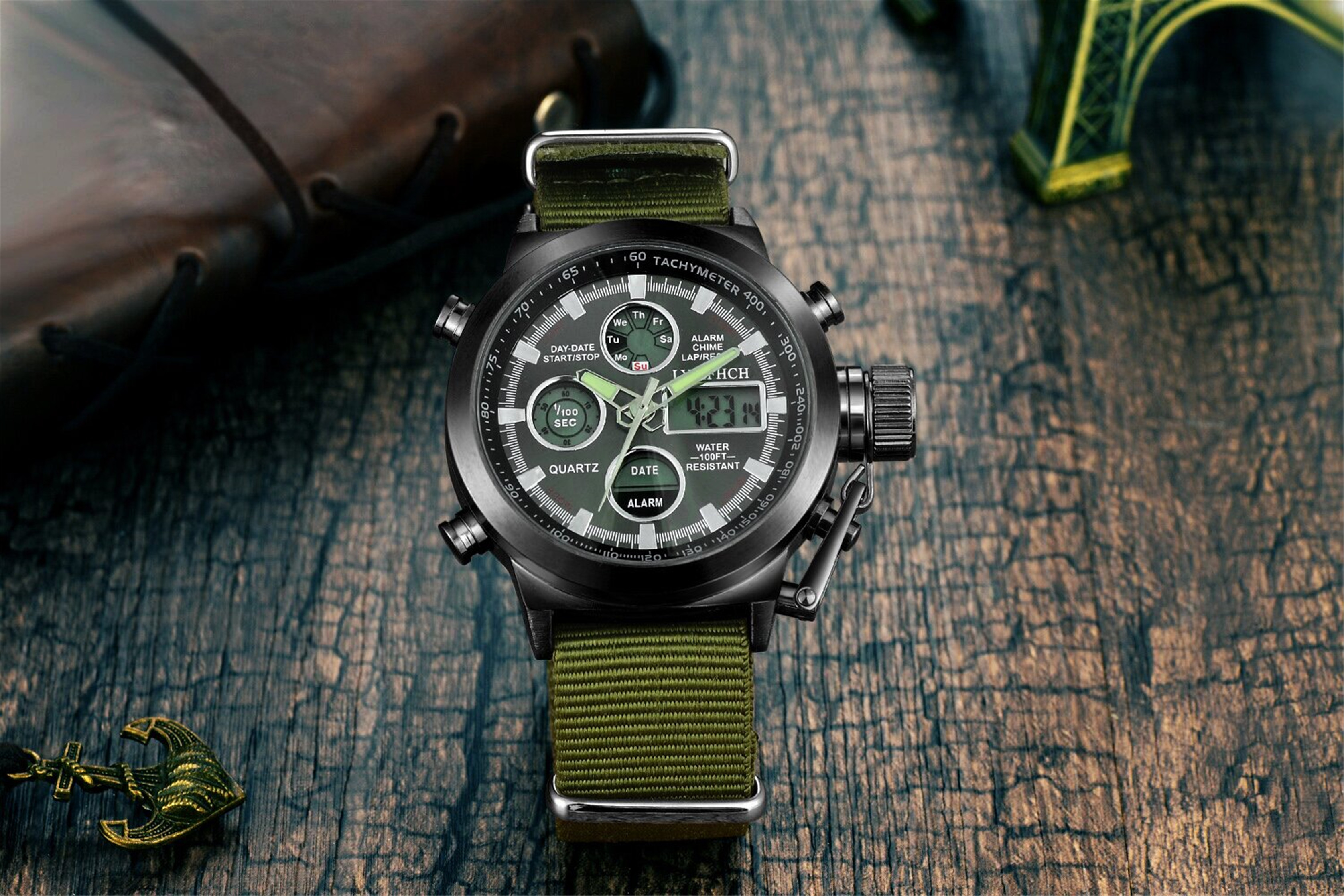 Mens Black Big Face Sports Watch, LED Digital Analog Waterproof