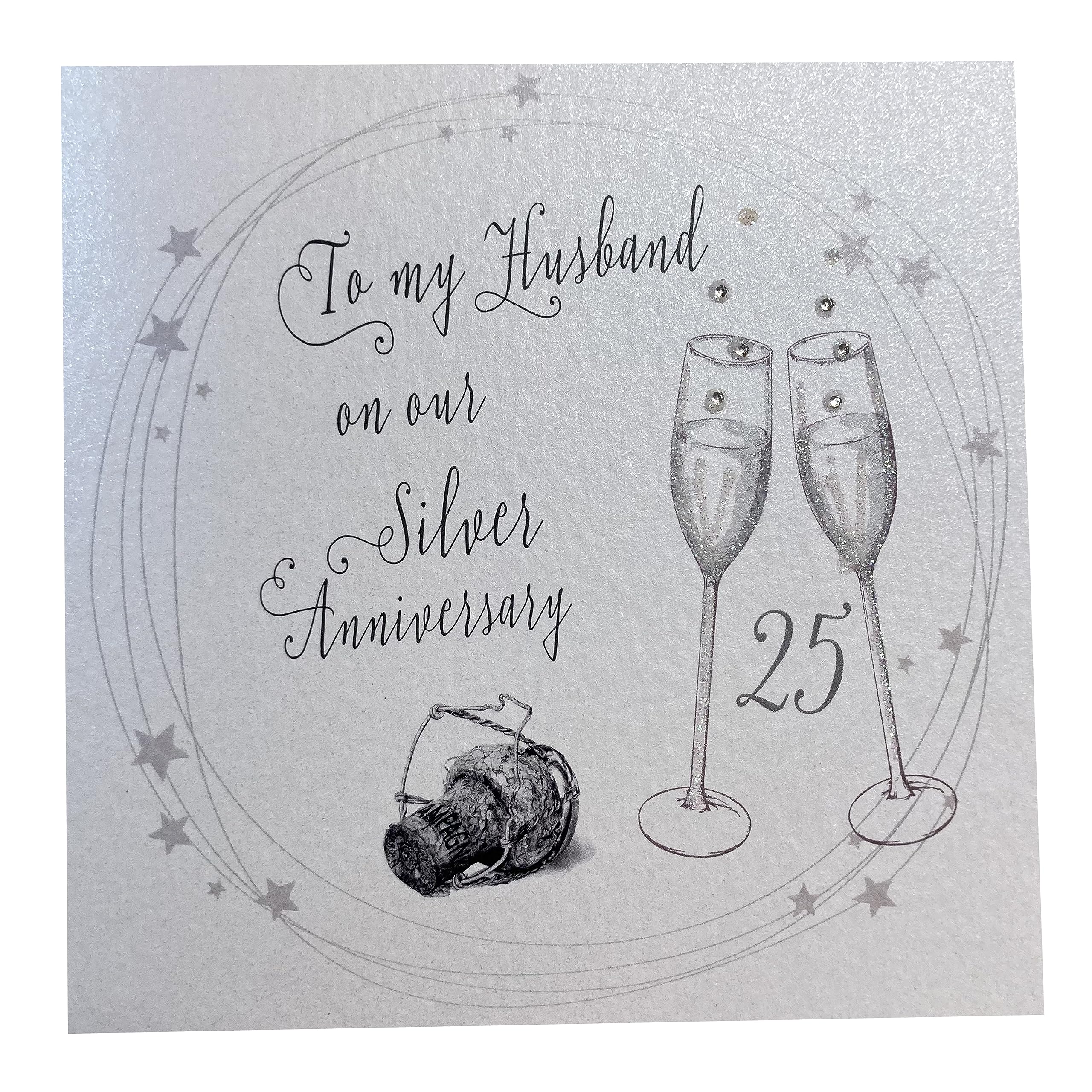 white cotton cards "Champagne Glasses, To My Husband On Our Anniversary 25 years Handmade 25th Anniversary Card, White, WB43-25