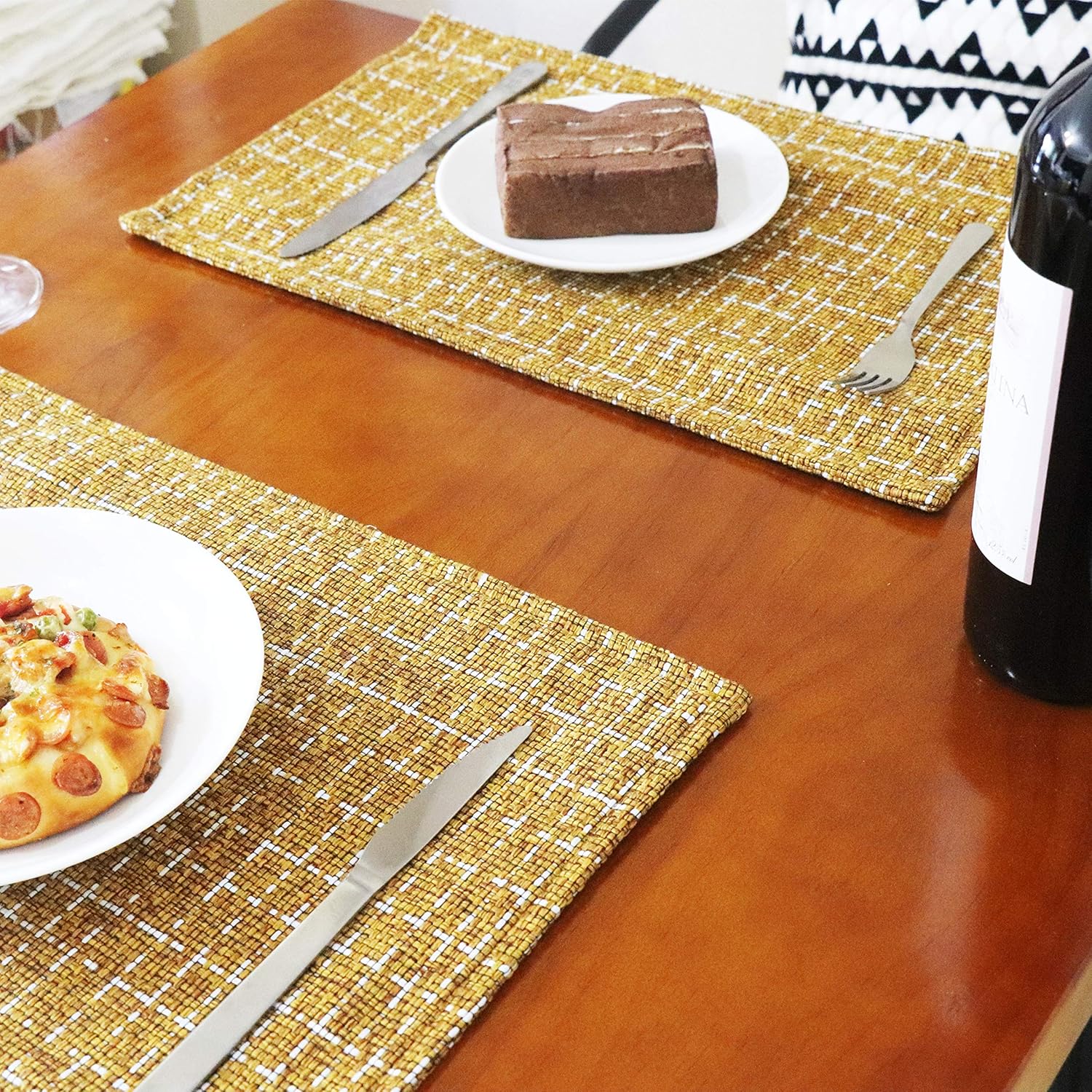 SLOW COW Linen Placemats Heat Resistant Dining Table Place Mats Kitchen Washable Table Mats Set of 2, Brown Mustard: Home & Kitchen