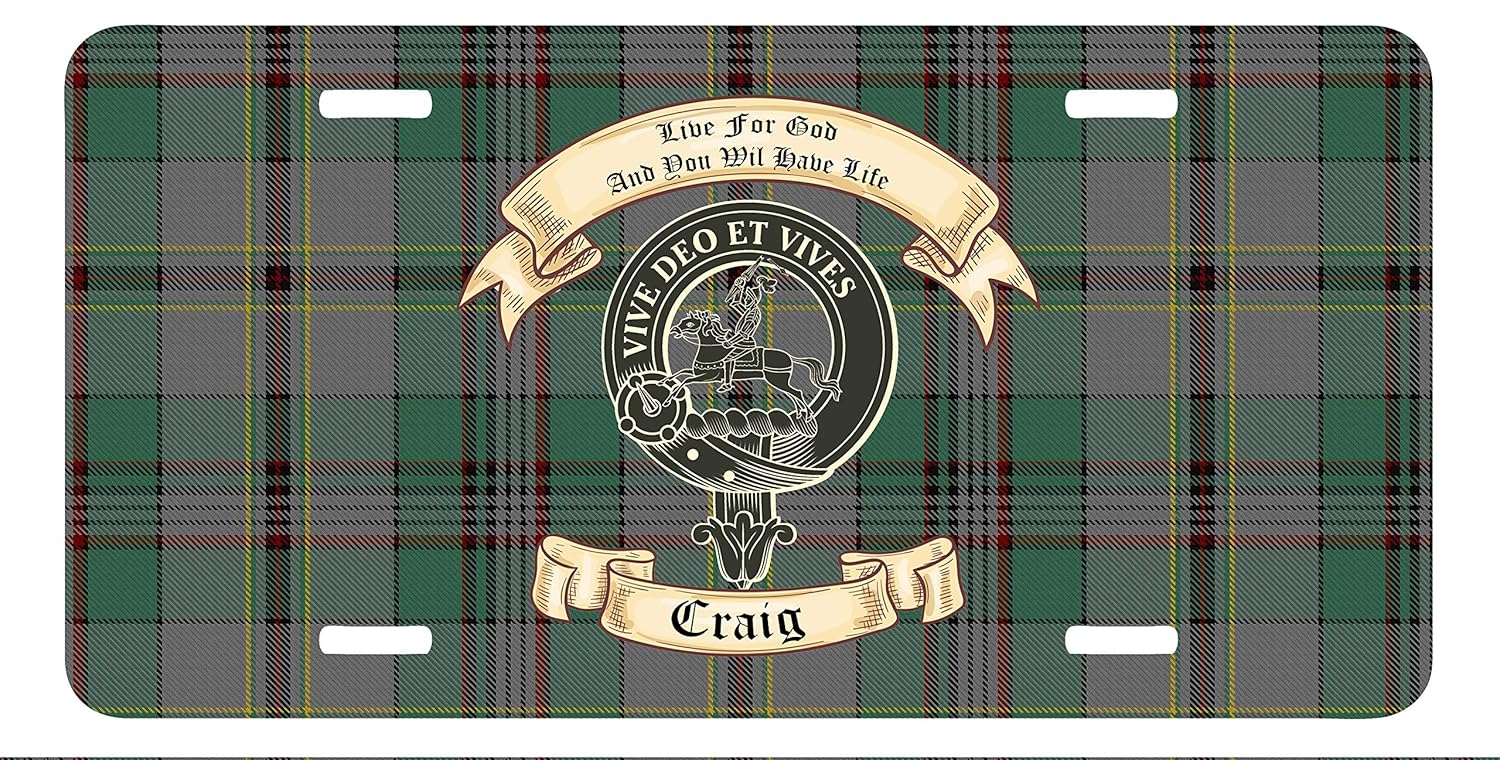 Amazon Com Whimsly Scottish Craig Clan License Plate Show Your Craig Clan Crest And Motto On Your Craig Clan Tartan Handmade