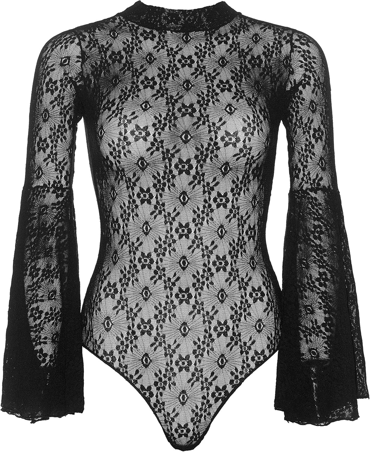 Leg Avenue Women's High Neck Stretch lace Bell Sleeve Bodysuit, Black, O/S: Clothing