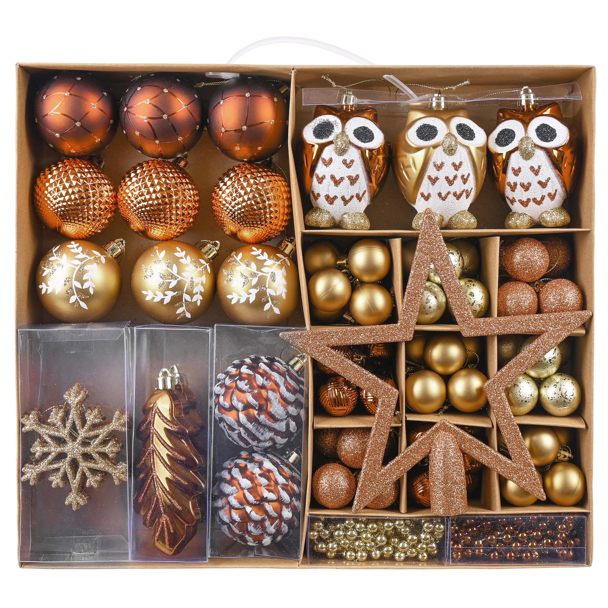 Valery Madelyn Christmas Baubles, 90pcs 3-12cm Shatterproof Pack with Tree Topper, Woodland Copper and Gold Christmas Ball Ornaments
