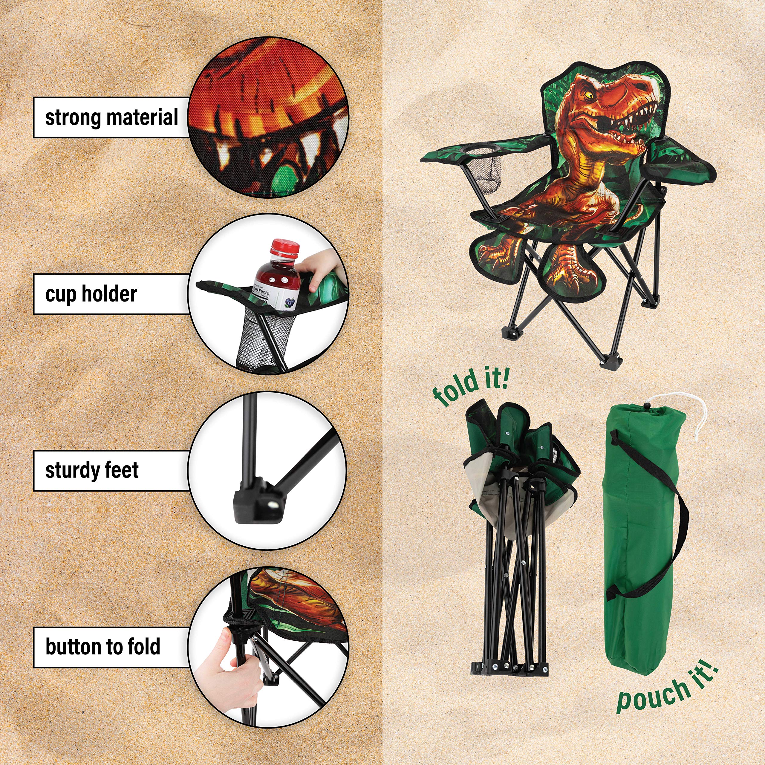 Toy To Enjoy Outdoor Dinosaur Kids Camping Chair – Foldable Children’s Chair for Camping, Tailgates, Beach, – Carrying Bag Included Mesh Cup Holder & Sturdy Construction. Ages 2 to 5 (Patent Pending)