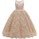 Glamulice Full Lace Flower Girls Dress Long A Line Bridesmaid Wedding Tulle Dresses Birthday Formal Party Ball Gown