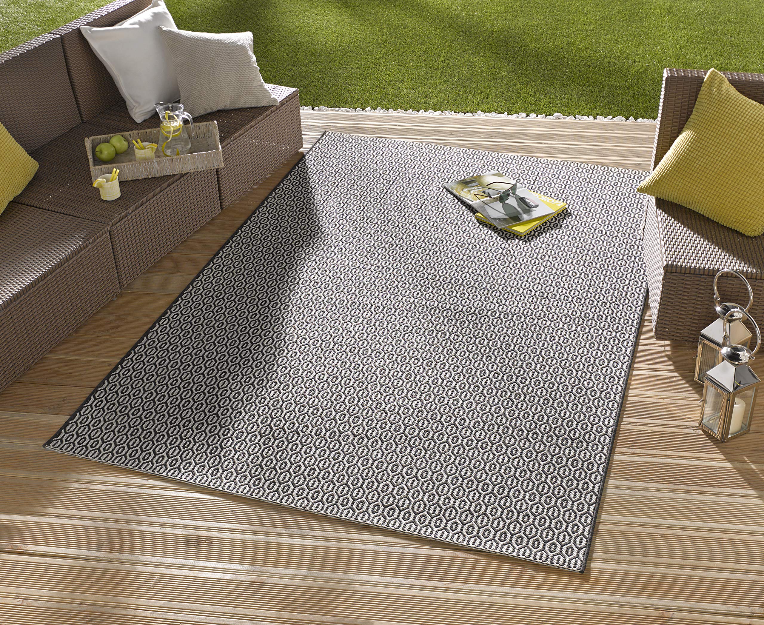 NORTHRUGS Indoor and Outdoor Rug Coin 80 x 150 cm - Weatherproof Modern Geometric Fine All-Over Design Runner for Balcony Patio Garden Conservatory Living Room Rug Waterproof in Black