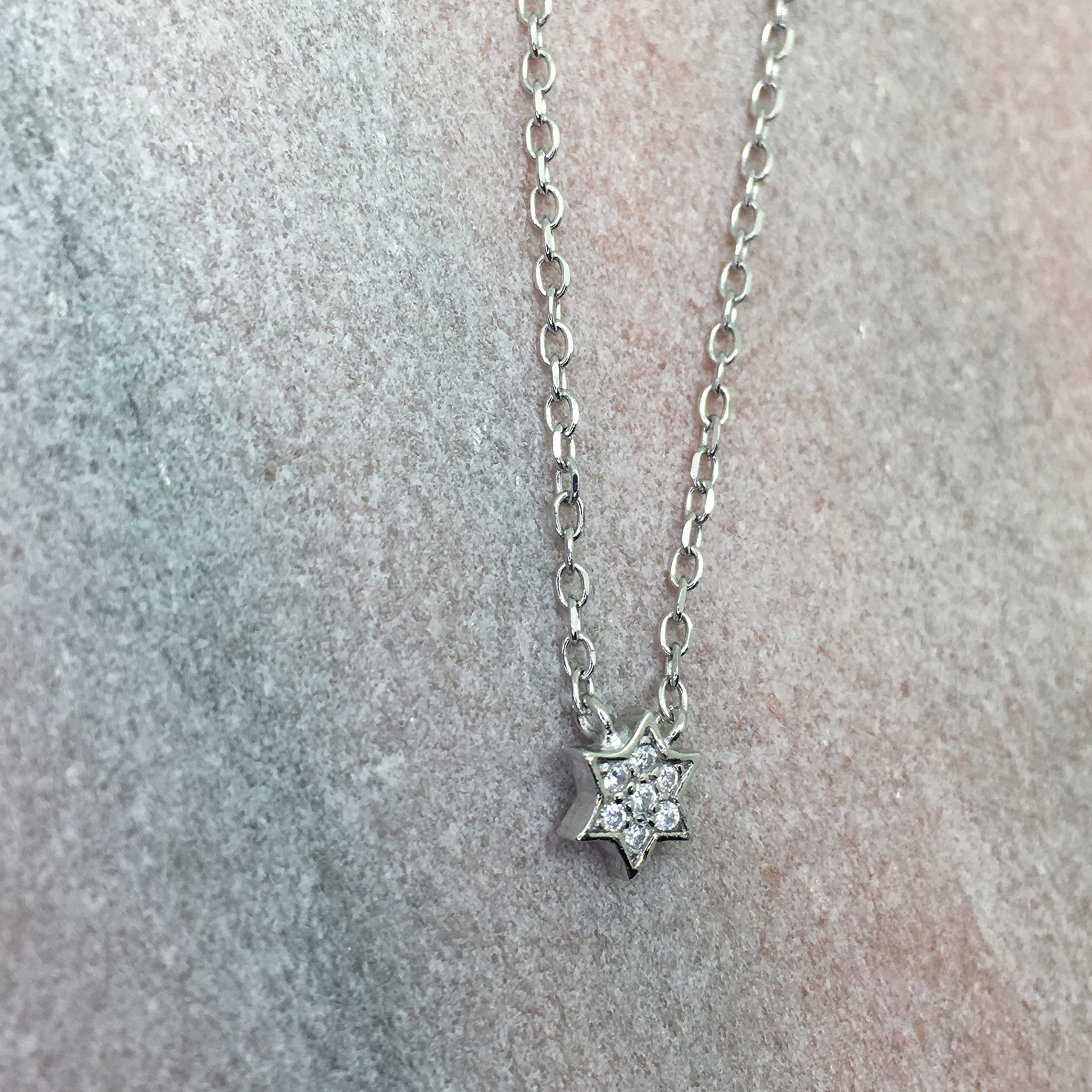 Rhodium-Plated Sterling Silver Cubic Zirconia Pave Mini 6 Point Star of David Chain Necklace, 18\