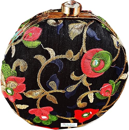 Unibrand Zari work on Black Round Designer Handmade Box Clutch by The Indian Handicraft Store (With Freebie)