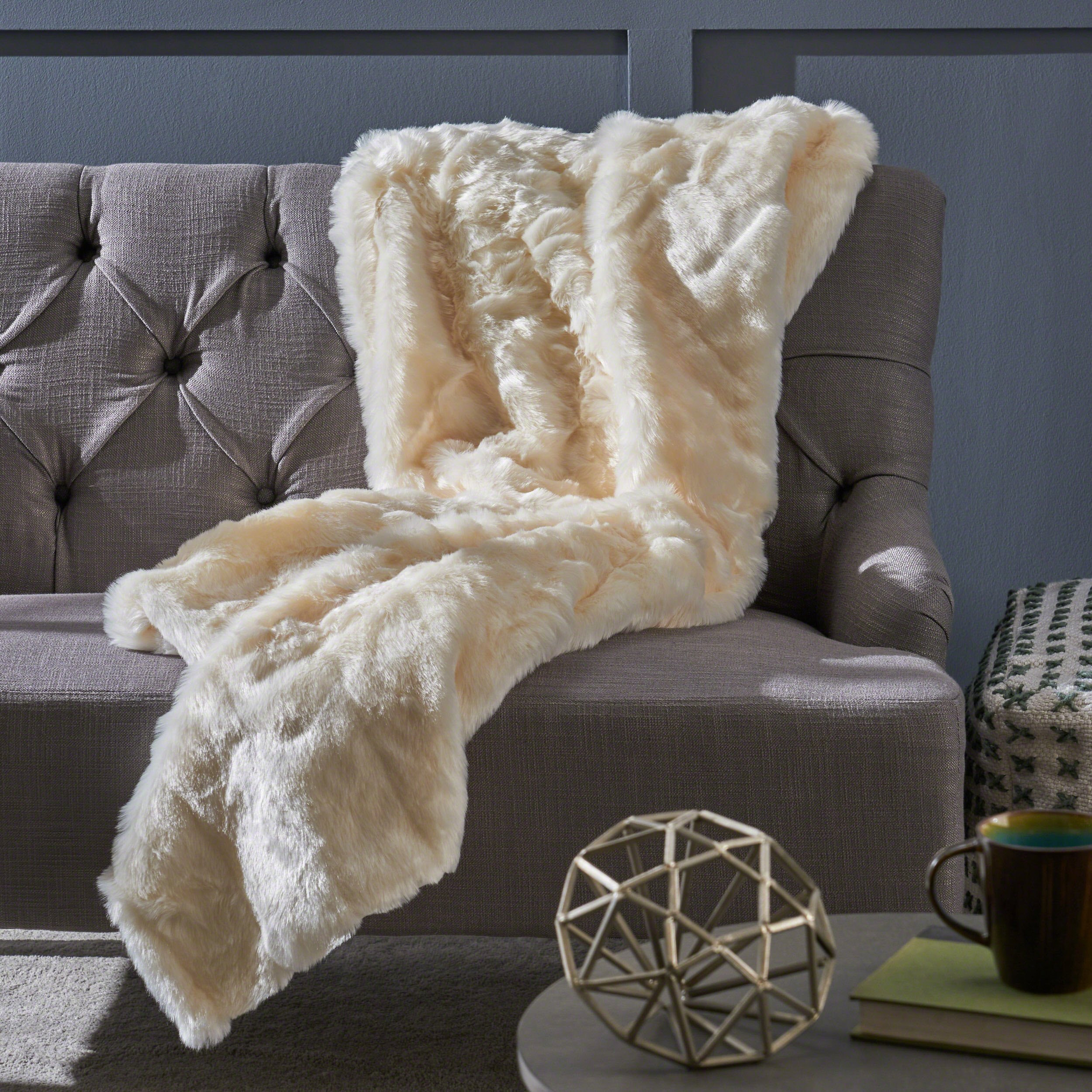 Laraine Modern Glam Rectangular Ivory Faux Fur Throw Blanket eBay