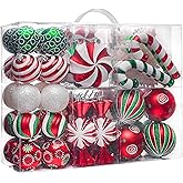 Valery Madelyn Christmas Ornaments Set, 108ct Candy Cane Red Green White Shatterproof Christmas Tree Decorations Ball Ornaments Bulk, Decorative Hanging Ornaments for Xmas Trees Holiday Party Decor