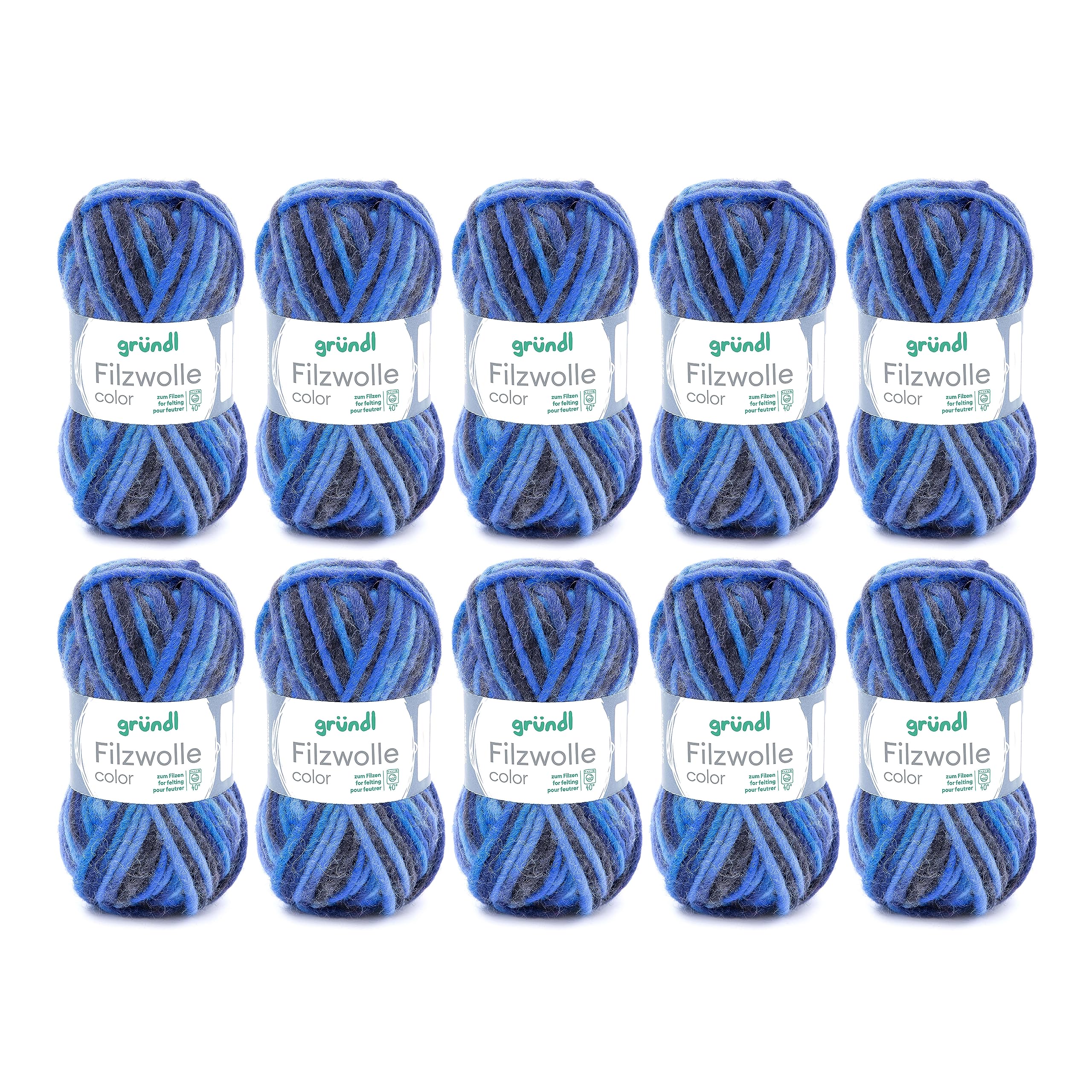 Gründl Filzwolle Color Felting Wool - Value Pack of 10 x 50 g Balls in Multi-Coloured Blue & Charcoal - 31 x 32 x 6 cm