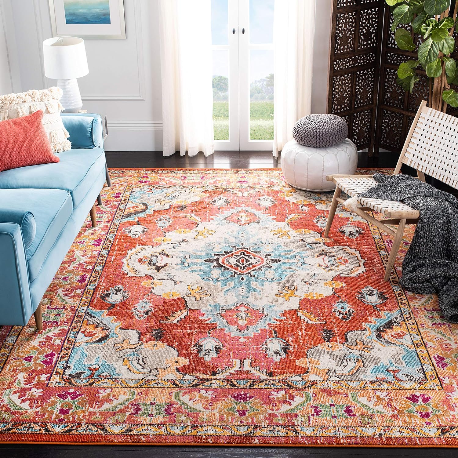 Rugs, Pads & Protectors - SAFAVIEH Monaco Collection Area Rug - 8' x 10', Orange & Light Blue, Boho Chic Medallion Distressed Design, Non-Shedding & Easy Care, Ideal for High Traffic Areas in Living Room, Bedroom (MNC243H)