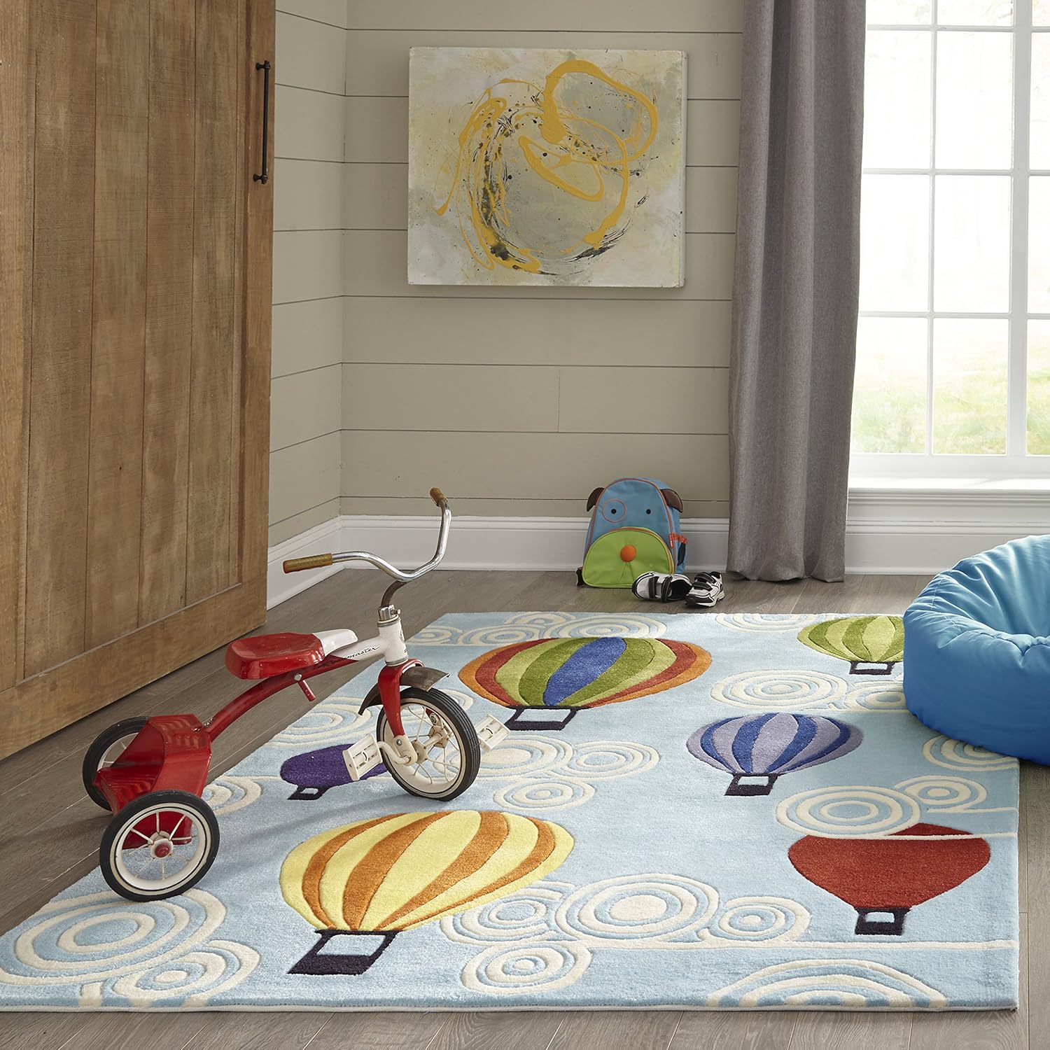 Momeni Rugs Kids Themed Hand Carved & Tufted Area Rug, 2' x 3', Multicolor Hot Air Balloons on Sky Blue