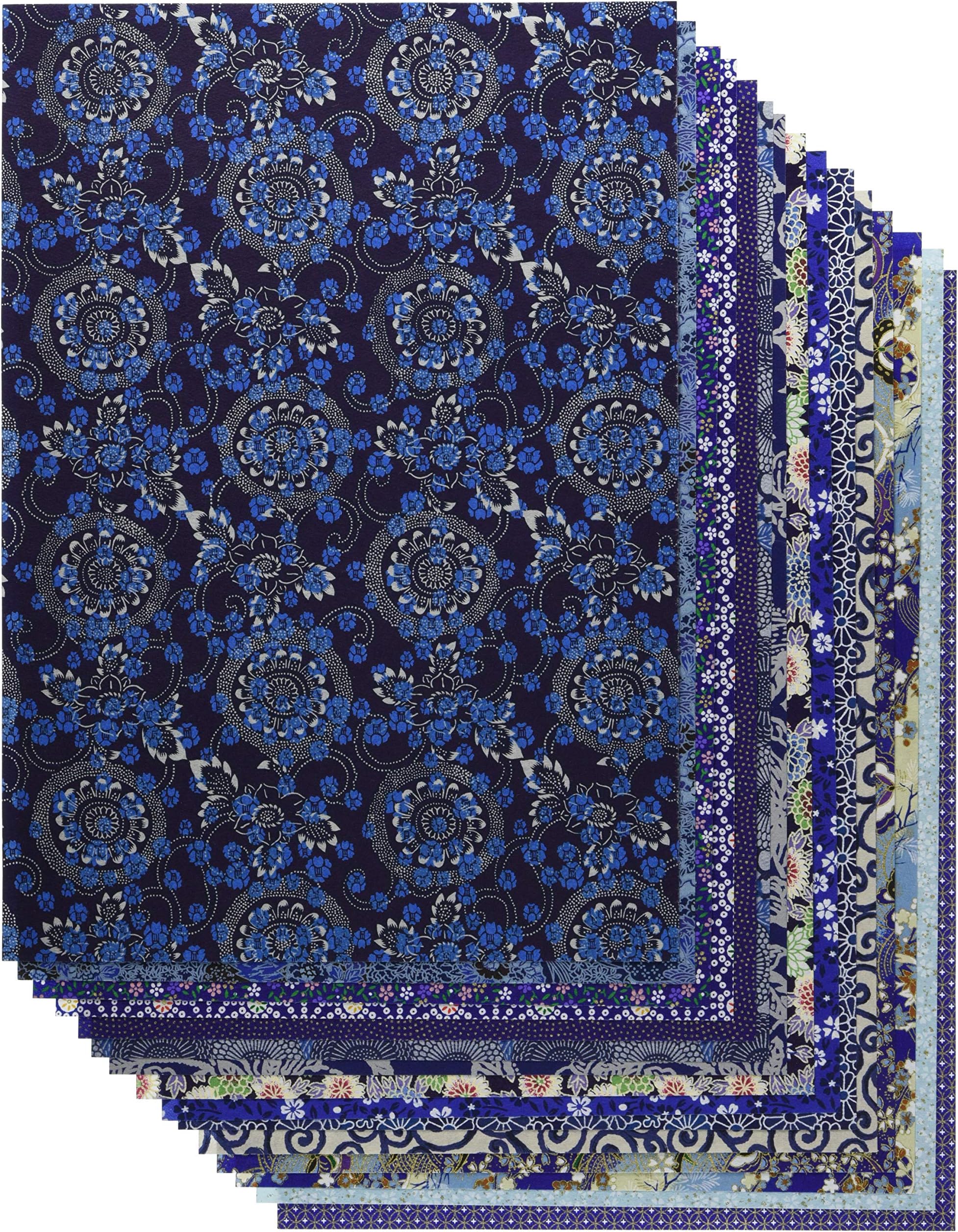 [Amazon jp Exclusive] Washi Kawasumi Chiyo Paper, Yuzen Washi Paper, B4, 15 Patterns, 15 Sheets, Blue