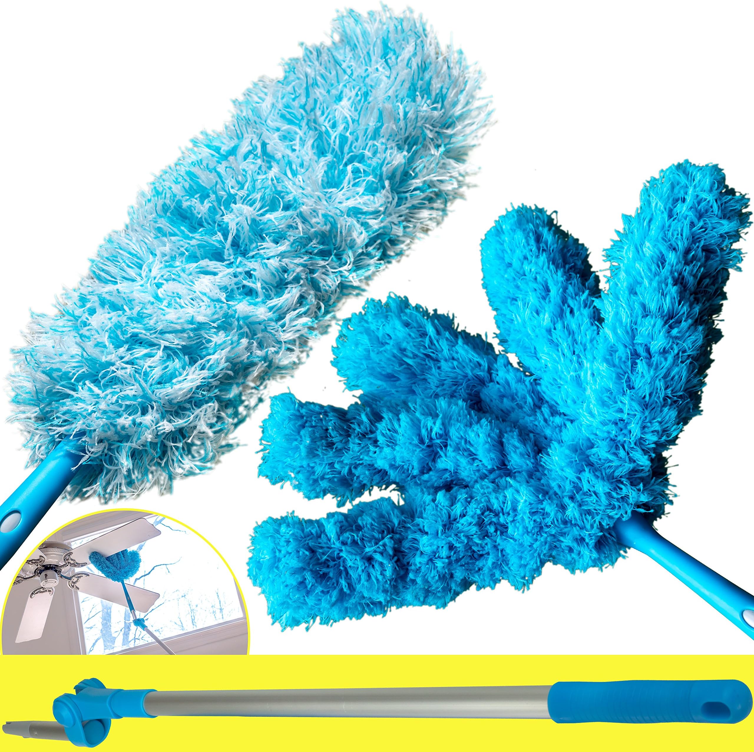Extendable Microfiber Duster With 5ft Lightweight Extension Pole And Pivot Arm. Includes 2 Types of Washable Dusting Heads. Cobweb and Blind Cleaner Attachments Clean Ceiling Fans (Purple)