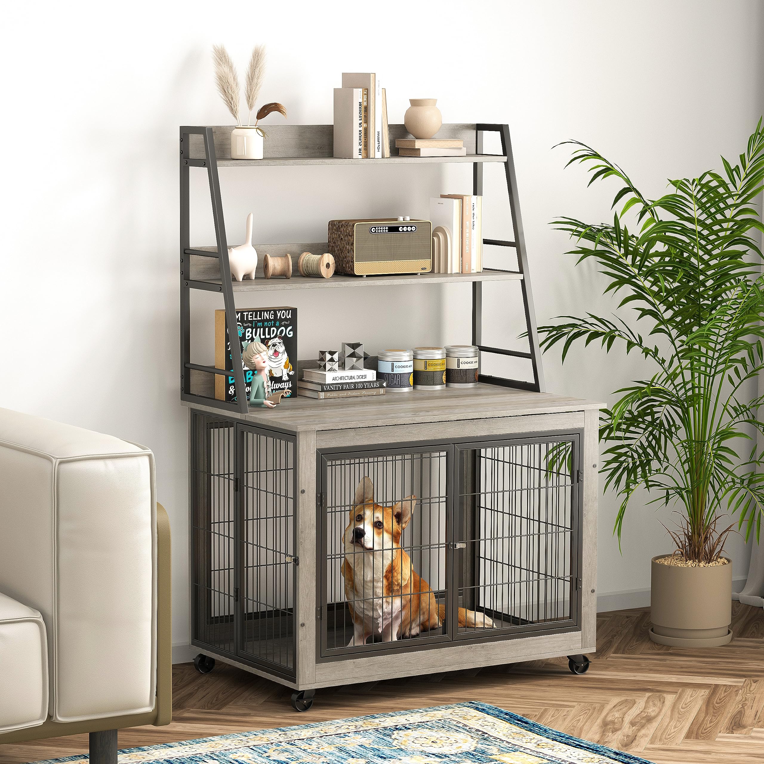 Okak Dog Crate Furniture Style Dog Cage Side Table With Shelves Wooden Dog Crate With Double Sliding Iron Doors On Casters Dog Kennel Indoor For Medium/Large Dog,Grey,38.58″ L