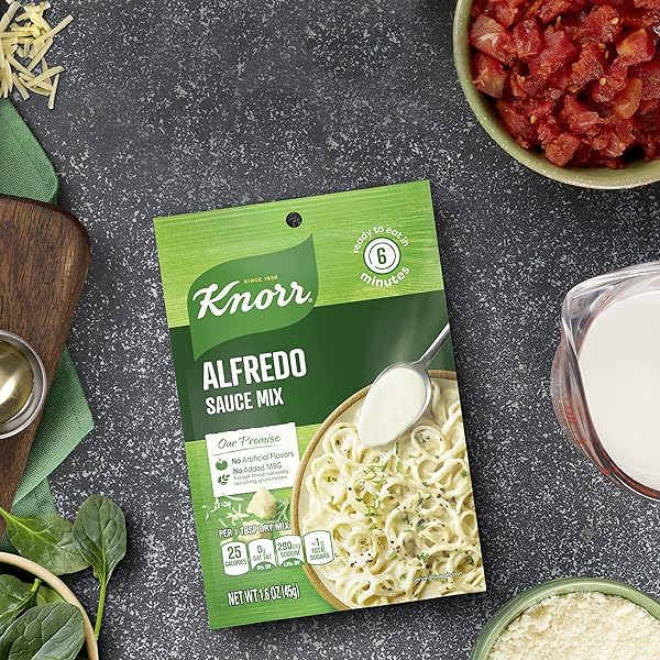 KNORR SAUCE MIX ALFREDO SAUCE CREAMY PASTA SAUCE FOR SIMPLE MEALS AND SIDES NO ARTIFICIAL FLAVORS, NO ADDED MSG 1.6 OZ