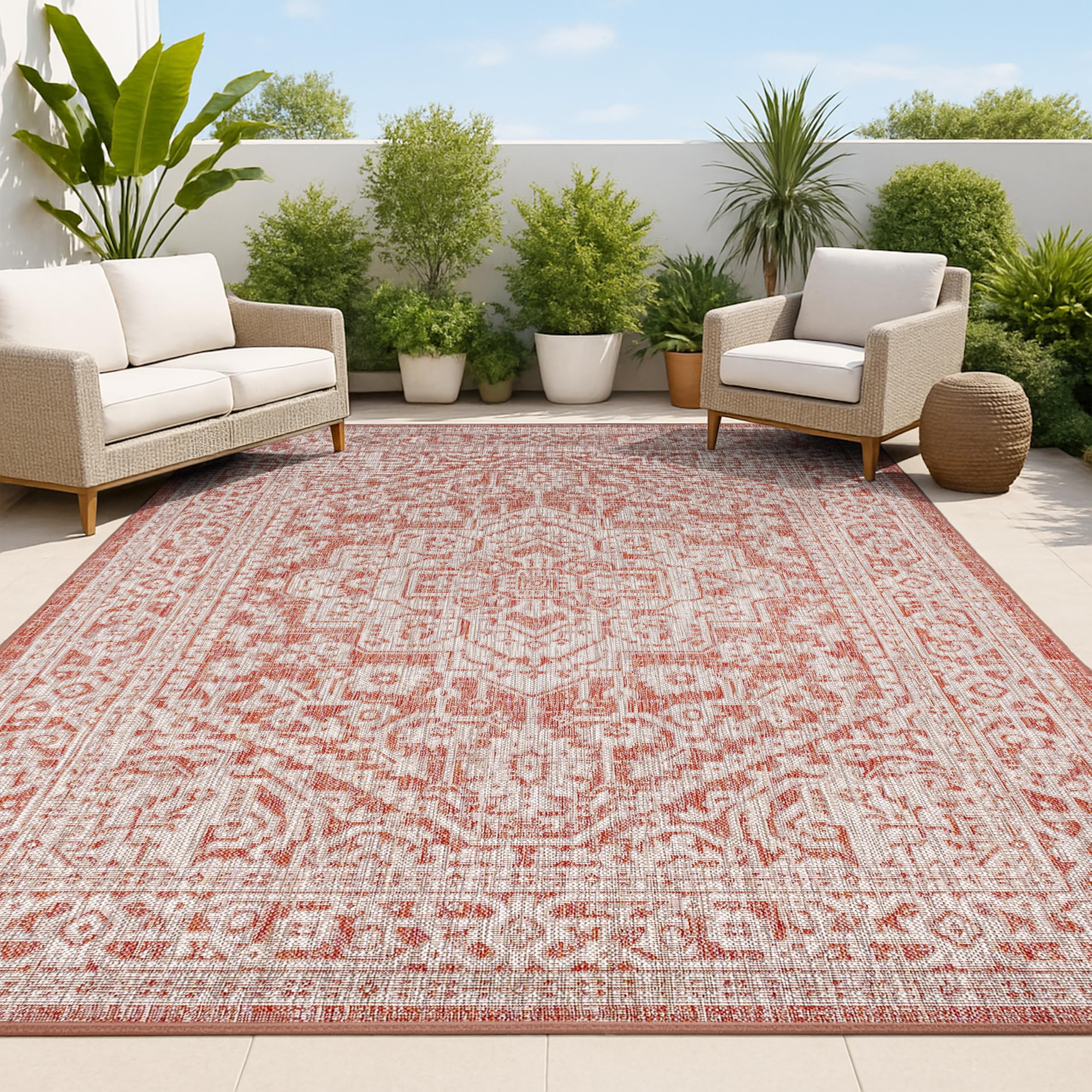 JONATHAN Y Medallion Weave Indoor Outdoor Area Rug 10X14 Red/Taupe, Sinjuri Textured for Backyard, Patio, Porch, Easy-Cleaning, High Traffic, Pet-Friendly, Non-Shedding (SMB101A-14) Image