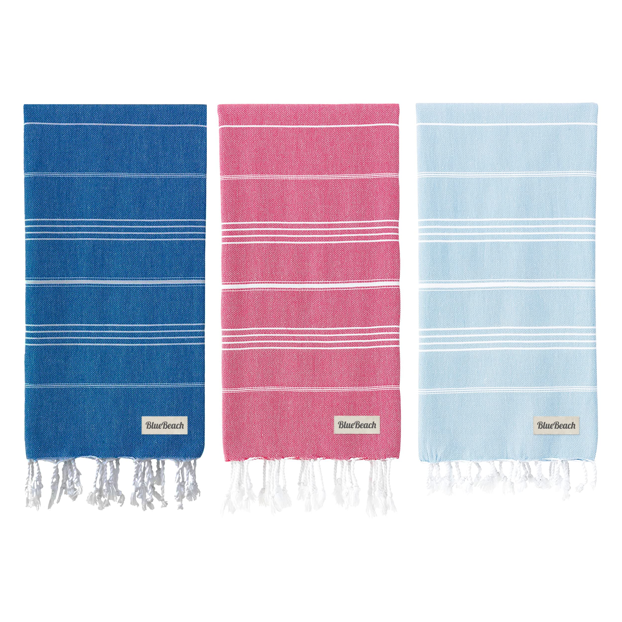 Blue Beach 3 Set Turkish Beach Towels-100x180cm Large Turkish Hammam Peshtemal Towel - Super Absorbent, Lightweight, Compact for Swimming, Bath, Gym, Sauna and Travel (Blue - Sky Blue - Fuschia) — image 1