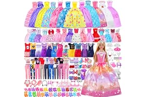 MINIFUN 135 Pcs Doll Clothes and Accessories with Doll, Princess Gowns, Fashion Dresses, Slip Dresses, Top, Pants, Jumpsuit, Swimsuits, Shoes, Hangers, Doll Dress up Toys for Girls Kids Toddlers Toy Gifts