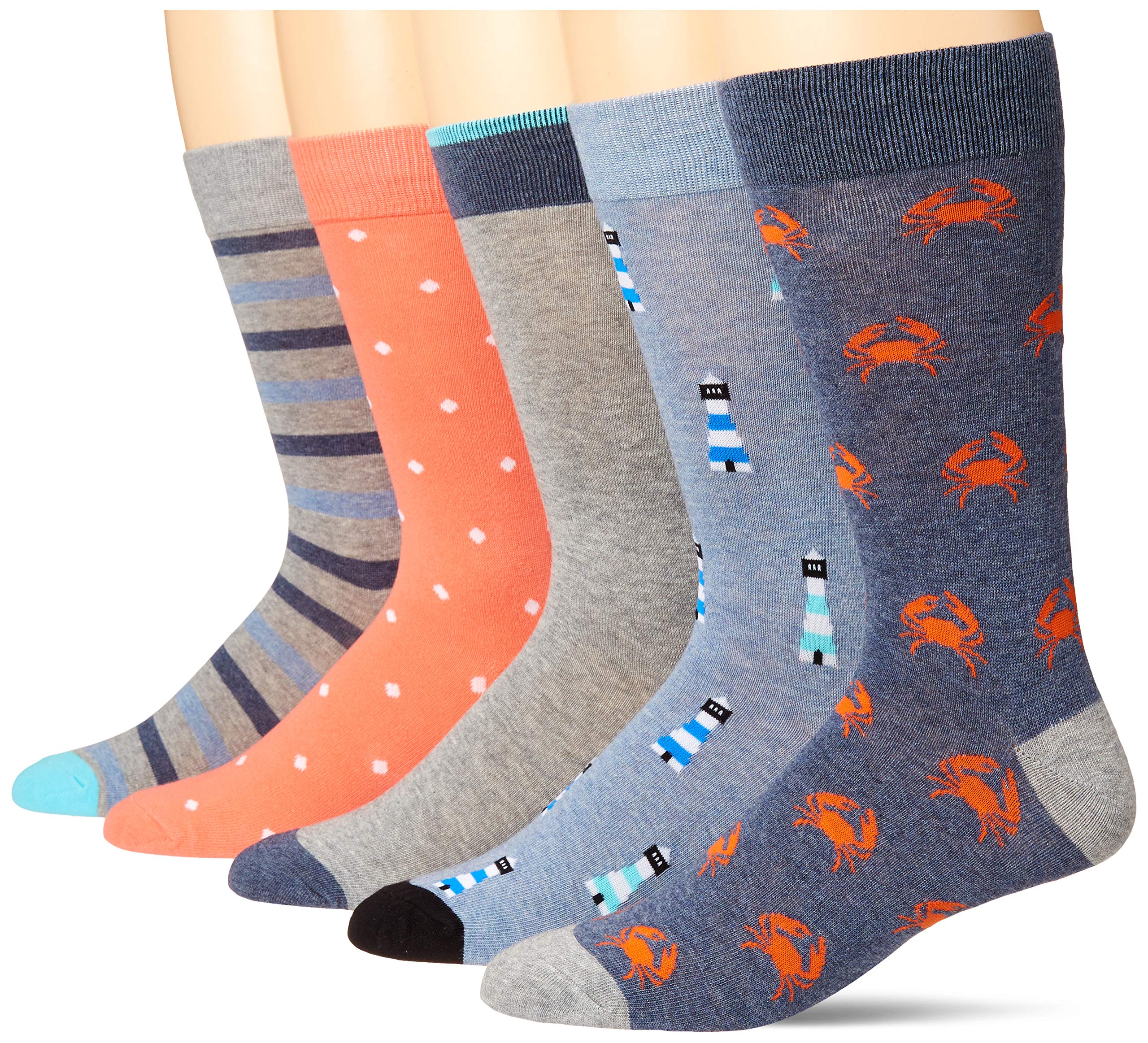Photo 1 of Amazon Essentials Mens Comfortable Patterned Dress Socks, 5 Pairs, Blue/Grey/Navy Crab/Orange Dots/Stripe, Size 8-12