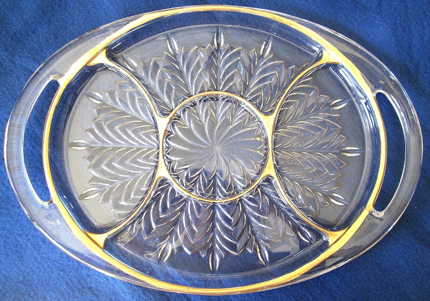  | Vintage Large 15-1/2" X 11 Gold Gilded Two Handled Five Compartment Serving Tray or Platter: Divided Trays & Platters