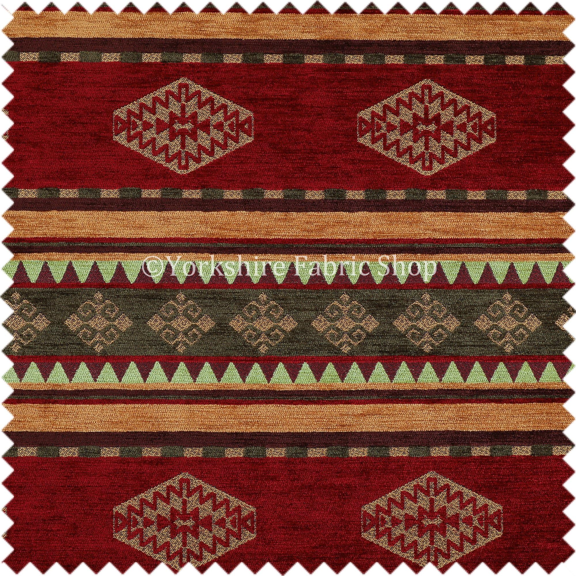 Quality Kilim Aztec Pattern with Stripes in Red Gold Green Upholstery Fabric (10cm x 8cm Sample)
