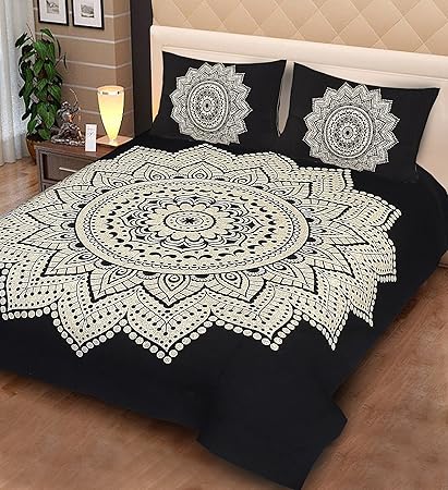 Urban Fab 100% Cotton Double Bedsheet with 2 Pillow Covers - King Size, Black Star