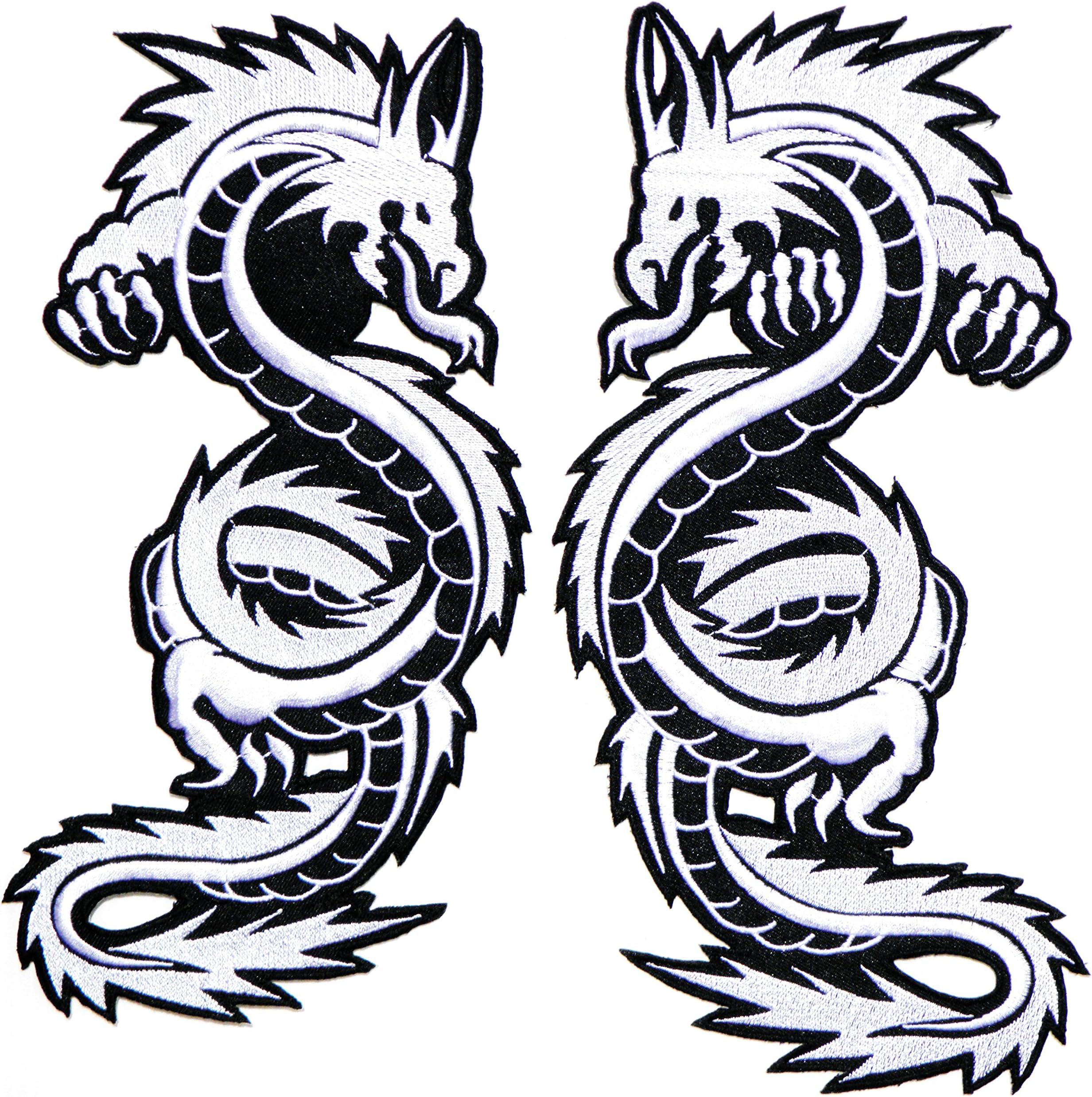 Big Jumbo Large Pair White Chinese Dragon Fantasy Animal Yin Yang Kung Fu Lady Rider Biker Tatoo Jacket T-shirt Patch Sew Iron on Embroidered Sign Badge Costume