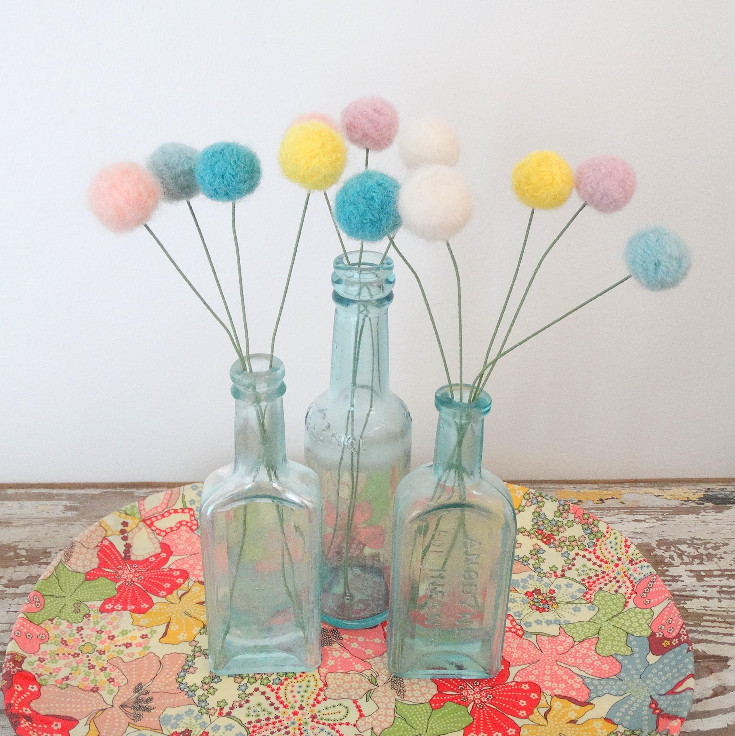 Pom Pom Flowers. Wool Pink,Purple, Turquoise Flowers. Faux, Fake Flowers. Nursery, Girls Room Bouquet. Cotton Candy, bubblegum pom poms.