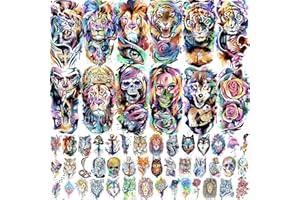 VANTATY 55 Sheets 3D Watercolor Temporary Tattoos For Women Men Adults Arm, Tiger Lion Skull Skeleton Fake Tattoos That Look Real And Long Lasting Colorful Halloween Wolf Rose Flower Temp Tattoo Stickers For Kids Teens