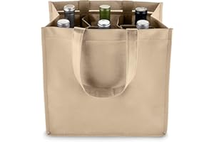 True 6 Bottle Wine Bag with Divider, Non-Woven 100 GSM, Customizable Reusable Wine Bottle Carrier, Beige