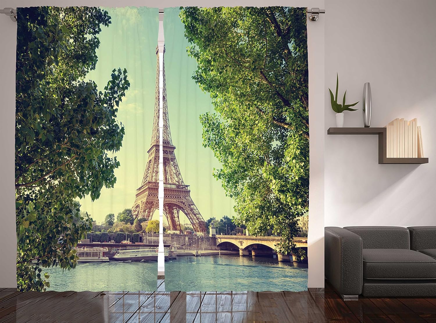 Ambesonne Paris Decor Curtains Eiffel Tower Seine River Summer Picture Window Drapes 2 Panel Set For Living Room Bedroom 108 Wx 84 L Inches